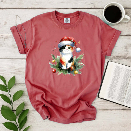 Comfort Colors Cute Calico Cat in Santa Hat T-Shirt