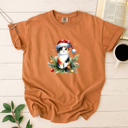 Comfort Colors Cute Calico Cat in Santa Hat T-Shirt