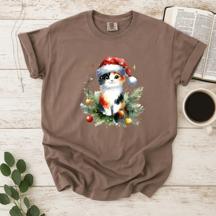 Comfort Colors Cute Calico Cat in Santa Hat T-Shirt