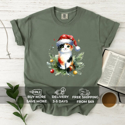 Comfort Colors Cute Calico Cat in Santa Hat T-Shirt