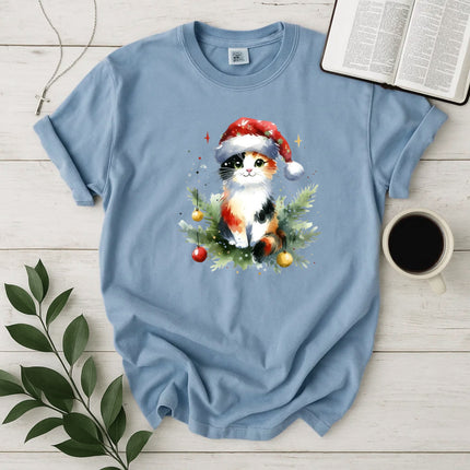 Comfort Colors Cute Calico Cat in Santa Hat T-Shirt