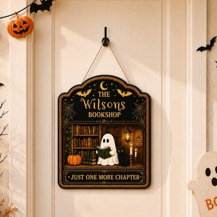 Personalized Halloween Ghost Bookshop Wooden Door Sign