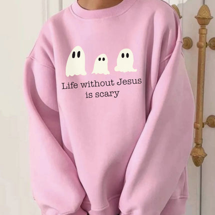 Life Without Jesus Is Scary Halloween Sweatshirt, Christian Pumpkin Ghost Pullove