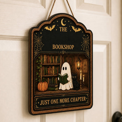 Personalized Halloween Ghost Bookshop Wooden Door Sign