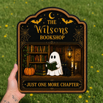 Personalized Halloween Ghost Bookshop Wooden Door Sign