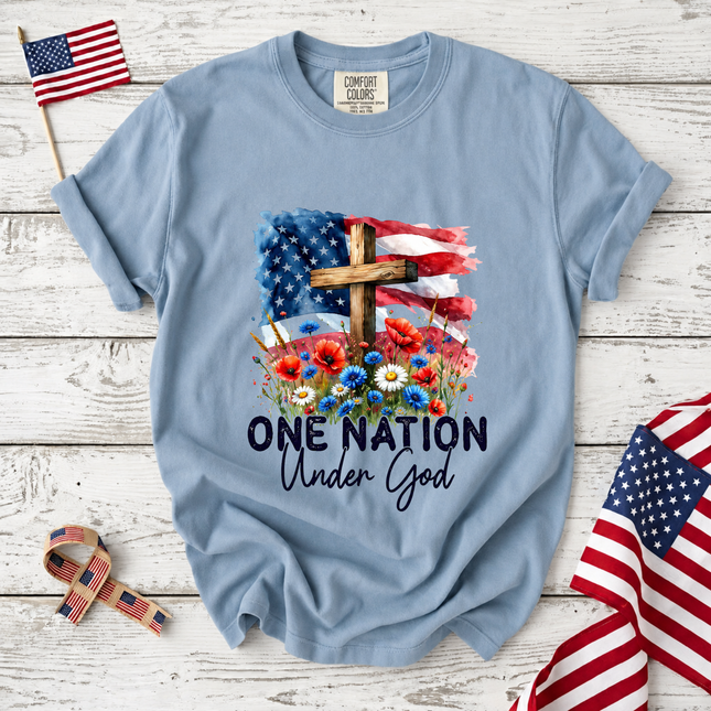 Comfort Colors One Nation Under God Christian Floral Flag T-Shirt