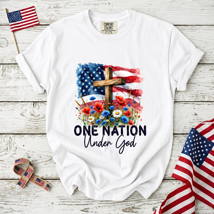 Comfort Colors One Nation Under God Christian Floral Flag T-Shirt