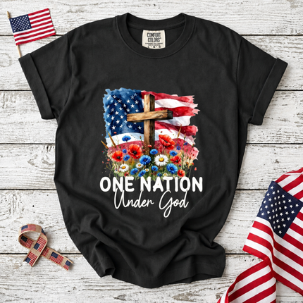 Comfort Colors One Nation Under God Christian Floral Flag T-Shirt