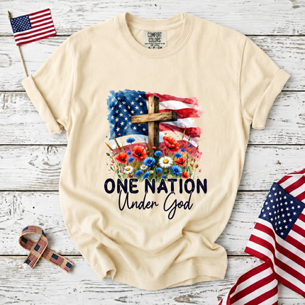Comfort Colors One Nation Under God Christian Floral Flag T-Shirt