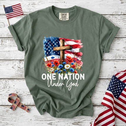 Comfort Colors One Nation Under God Christian Floral Flag T-Shirt