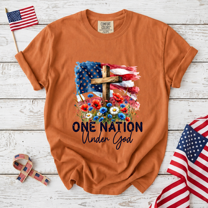 Comfort Colors One Nation Under God Christian Floral Flag T-Shirt