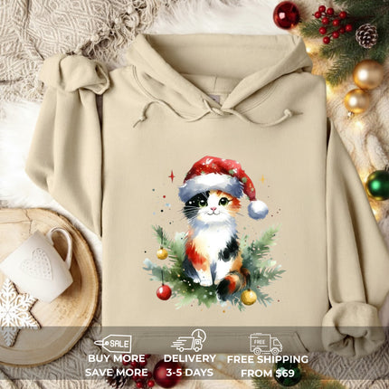 Watercolor Cat Christmas Hoodie