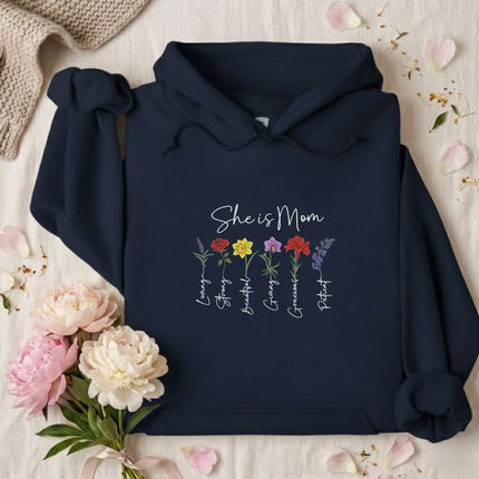 She is Mom Floral Virtues Embroidered Hoodie