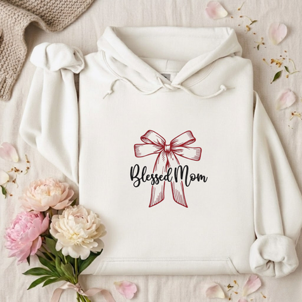 Blessed Mom Red Bow Embroidered Hoodie