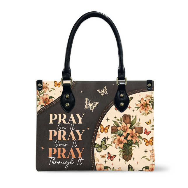 Elegant Pray On It Floral Cross Christian Leather Handbag