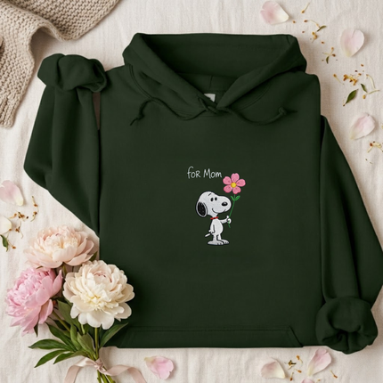 "For Mom" Dog & Pink Flower Embroidered Hoodie