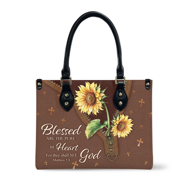 Blessed Are The Pure Matthew 5:8 Christian Sunflower Leather Handbag