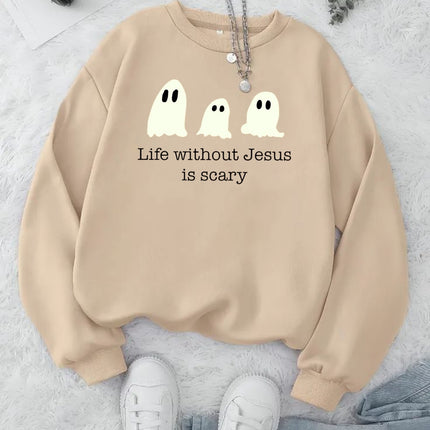 Life Without Jesus Is Scary Halloween Sweatshirt, Christian Pumpkin Ghost Pullove