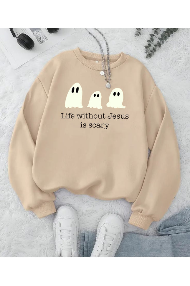 Life Without Jesus Is Scary Halloween Sweatshirt, Christian Pumpkin Ghost Pullove
