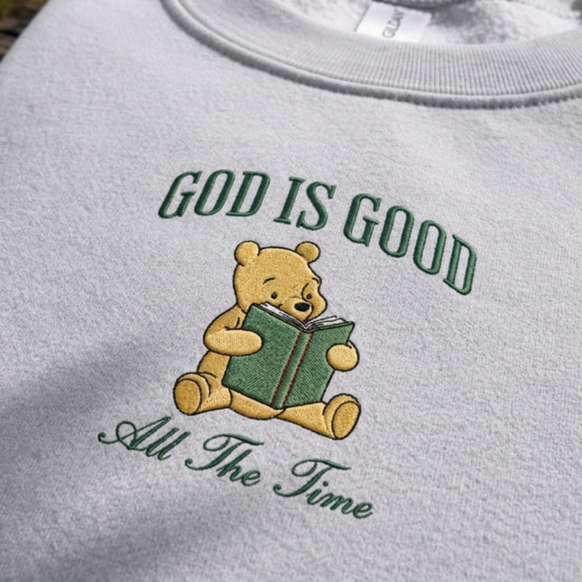 God Is Good All The Time Winnie the Pooh Embroidered Sweatshirt