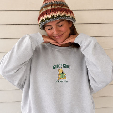 God Is Good All The Time Winnie the Pooh Embroidered Sweatshirt