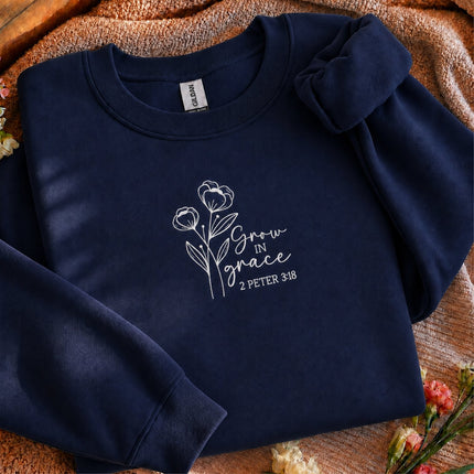 Grow In Grace 2 Peter 3:18 Floral Embroidered Sweatshirt