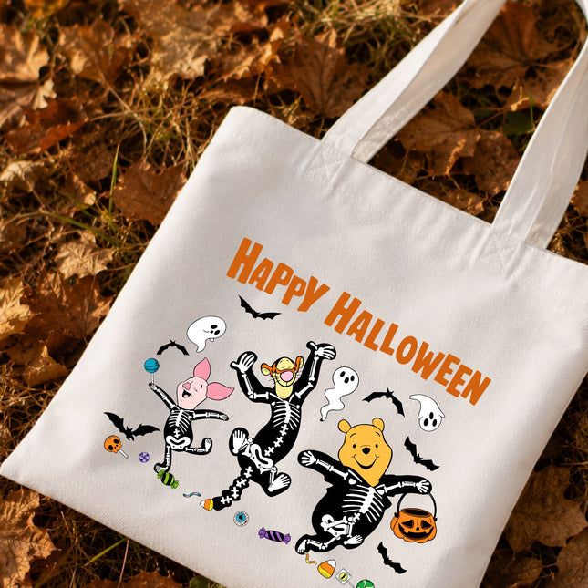 Cute Halloween Pooh Friends Skeleton Dance Tote Bag