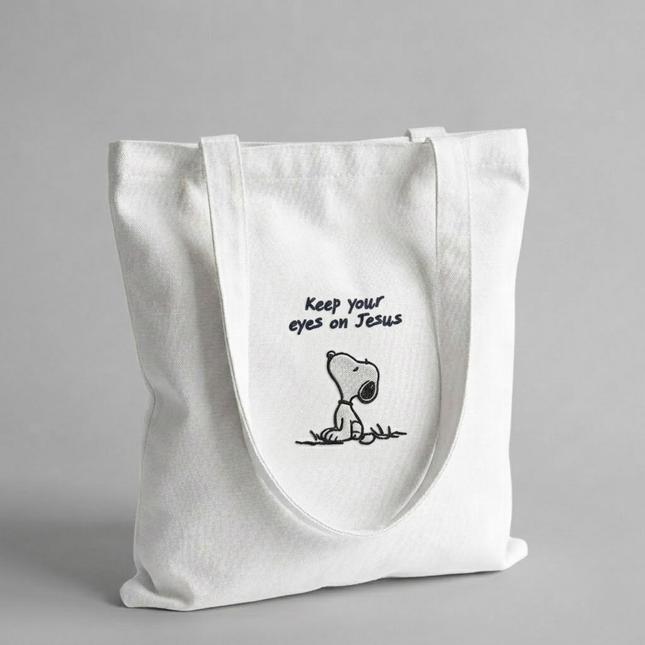 Keep Your Eyes On Jesus Embroidered Tote Bag