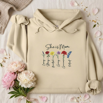 She is Mom Floral Virtues Embroidered Hoodie
