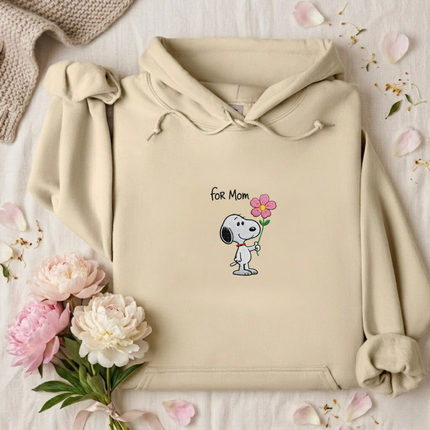 "For Mom" Dog & Pink Flower Embroidered Hoodie