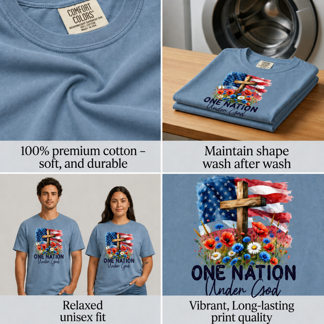 Comfort Colors One Nation Under God Christian Floral Flag T-Shirt