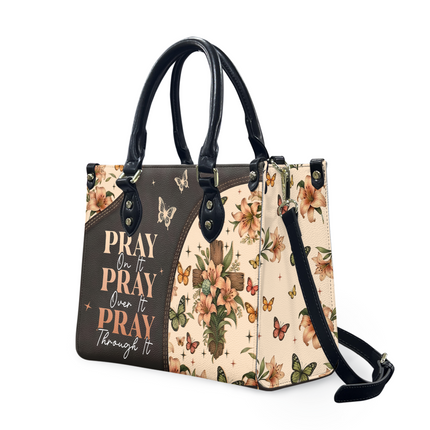 Elegant Pray On It Floral Cross Christian Leather Handbag