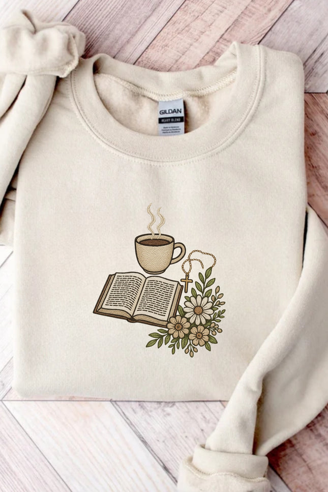Coffee Bibble and Cross Embroidery Sweatshirt