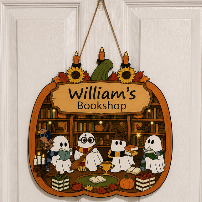 Personalized Halloween Haunted Bookshop Wooden Door Sign