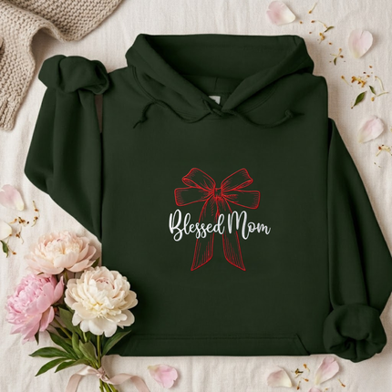 Blessed Mom Red Bow Embroidered Hoodie