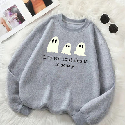 Life Without Jesus Is Scary Halloween Sweatshirt, Christian Pumpkin Ghost Pullove