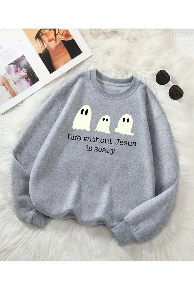 Life Without Jesus Is Scary Halloween Sweatshirt, Christian Pumpkin Ghost Pullove