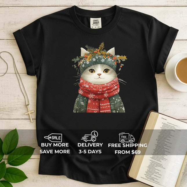 Comfort Colors Festive Cat Christmas T-Shirt