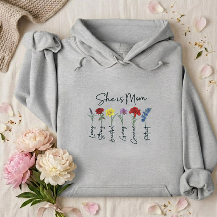 She is Mom Floral Virtues Embroidered Hoodie
