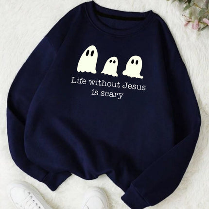 Life Without Jesus Is Scary Halloween Sweatshirt, Christian Pumpkin Ghost Pullove