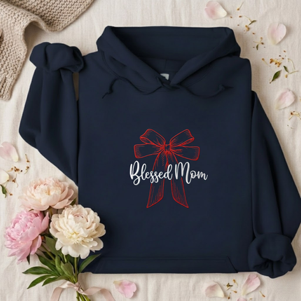 Blessed Mom Red Bow Embroidered Hoodie
