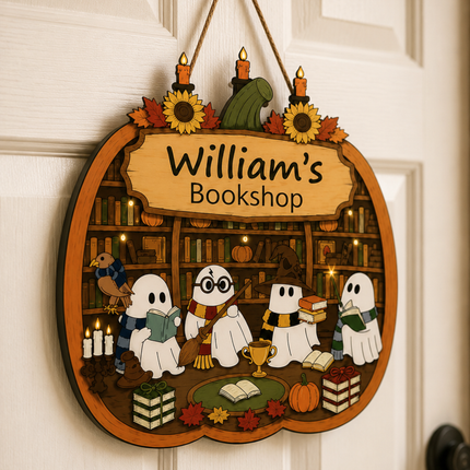 Personalized Halloween Haunted Bookshop Wooden Door Sign