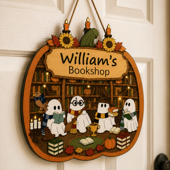Personalized Halloween Haunted Bookshop Wooden Door Sign