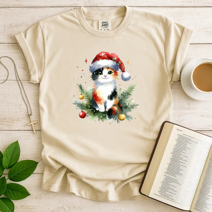 Comfort Colors Cute Calico Cat in Santa Hat T-Shirt