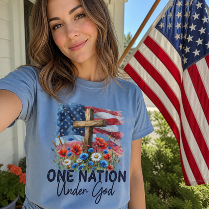 Comfort Colors One Nation Under God Christian Floral Flag T-Shirt