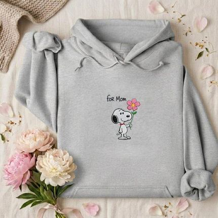 "For Mom" Dog & Pink Flower Embroidered Hoodie