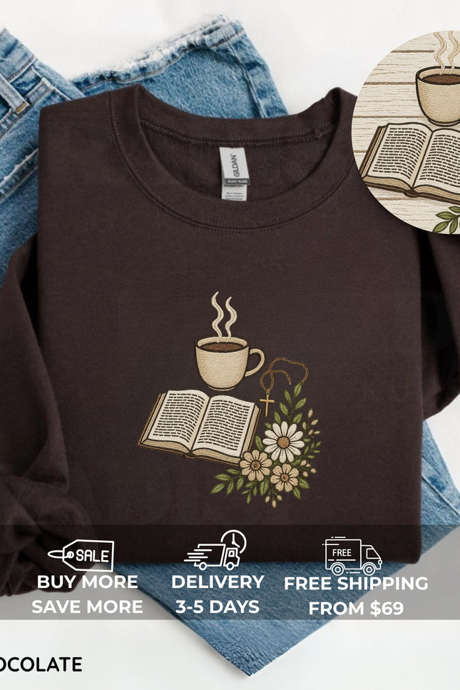 Coffee Bibble and Cross Embroidery Sweatshirt