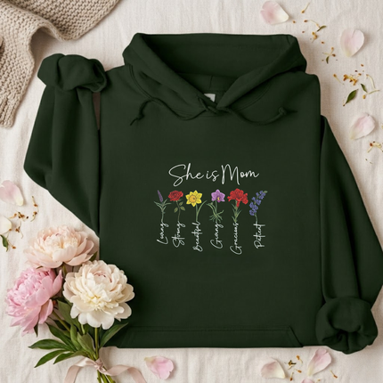 She is Mom Floral Virtues Embroidered Hoodie
