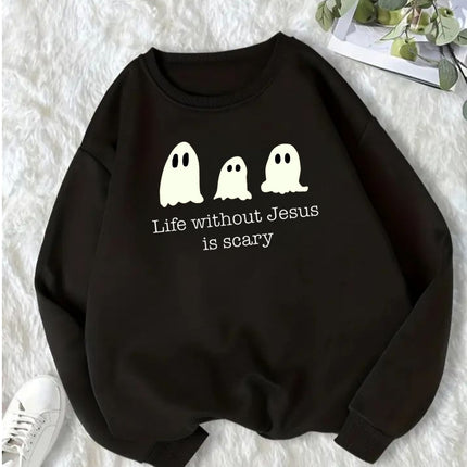 Life Without Jesus Is Scary Halloween Sweatshirt, Christian Pumpkin Ghost Pullove