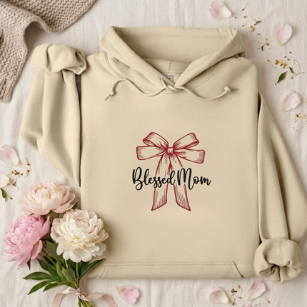 Blessed Mom Red Bow Embroidered Hoodie